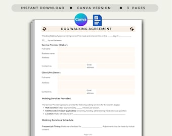 Dog Walking Agreement Contract Template Professional Pet Walking Service Terms Canine Walking Client Liability Form Dog Walker Service Word