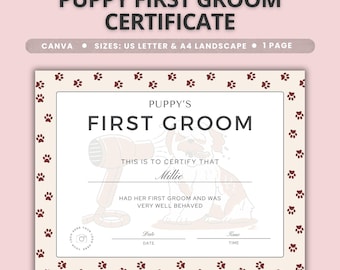 May include: A Puppy First Groom Certificate template featuring a border of dark brown paw prints on a light background. The text reads Puppy's First Groom, This is to certify that Millie had her first groom and was very well behaved.