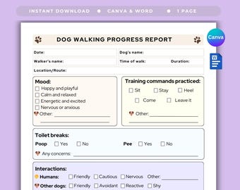 May include: A printable dog walking progress report template featuring sections for date, dog name, walker name, time, duration, and location. It includes checkboxes for mood, training commands, toilet breaks, interactions, and health observations.