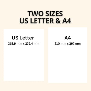 May include: Two white rectangular paper sheets labeled US Letter and A4. The US Letter sheet measures 8.5 inches by 11 inches, while the A4 sheet measures 210 mm by 297 mm. The text reads TWO SIZES US LETTER & A4, US Letter 215.9 mm x 279.4 mm, and A4 210 mm x 297 mm.
