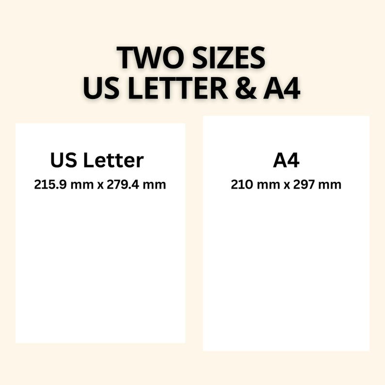 May include: Two white rectangular paper sheets labeled US Letter and A4. The US Letter sheet measures 8.5 inches by 11 inches, while the A4 sheet measures 210 mm by 297 mm. The text reads TWO SIZES US LETTER & A4, US Letter 215.9 mm x 279.4 mm, and A4 210 mm x 297 mm.