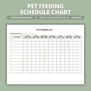 以下が含まれることがあります： ペットの給餌スケジュール表。PET FEEDING SCHEDULE CHART, WORD DOWNLOAD, SIZES: US LETTER & A4, 3 PAGESの文字入り。ペットの名前と午前・午後の給餌時間を記録する表形式で、足跡のアイコンが背景に配置されています。