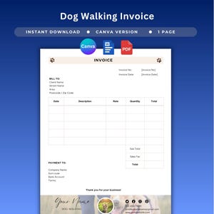 May include: A digital invoice template for dog walking services. The design features a blue and white color scheme with the text "Dog Walking Invoice" at the top. Includes fields for client details, service descriptions, and payment information. Available as an instant download.
