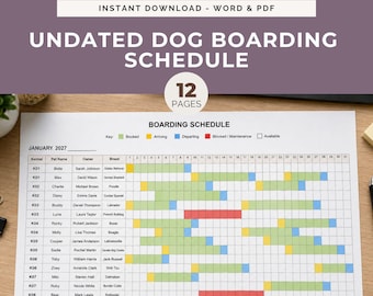 Dog Boarding Planner Kennel Booking Calendar Undated Availability Chart Boarding Facility Tracker Overnight Stay Form Pet Sitter Management