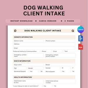 Dog Walking Client Intake Form Word Pet Walking New Client Onboarding Questionnaire Canva Dog Walker Customer Information Customisable Sheet