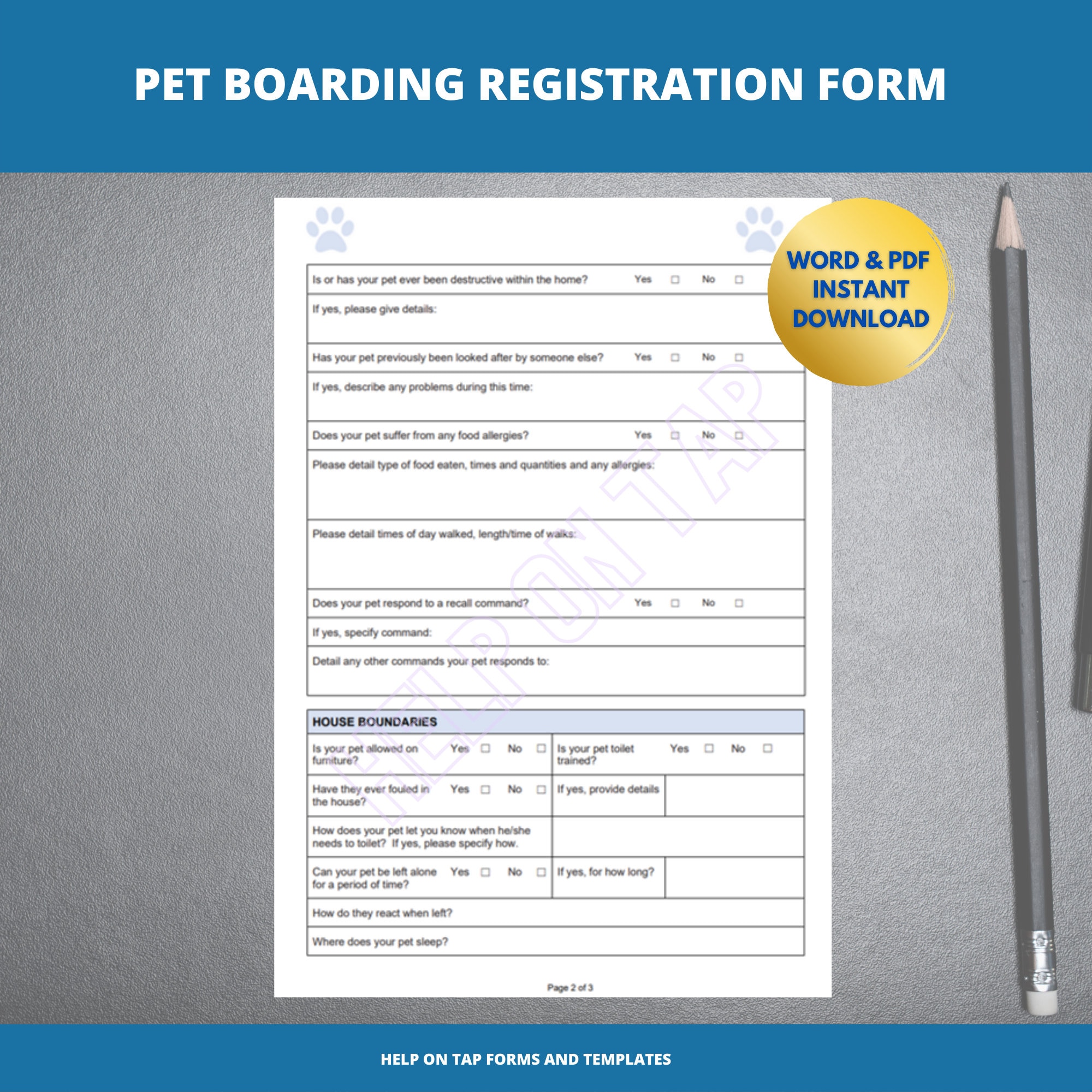 Printable Pet Home Boarding Registration Form Blue Boarders Etsy UK