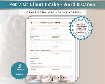 Pet Visit Client Intake Form: Editable Pet Sitter Checklist (Canva, Word, Google Docs)