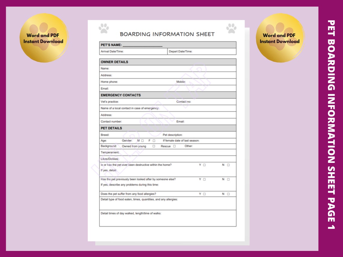 Generic Pet Boarding Log Book to Make at Home Includes a Boarding