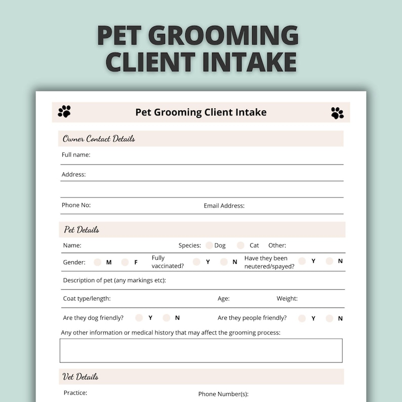 Dog Grooming Client Intake Form