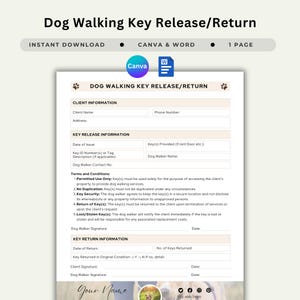 Dog Walking Key Release Form Dog Walker Home Access Form Canine Walking Permission Document Key Transfer Agreement Template Pet Key Return