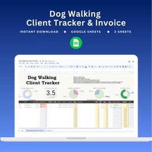 Może przedstawiać: Ekran laptopa wyświetlający szablon "Dog Walking Client Tracker & Invoice". Tytuł jest pogrubionym białym tekstem na ciemnoniebieskim tle. Szablon zawiera sekcje dotyczące danych klienta, średniej liczby zarezerwowanych spacerów i otrzymanych opinii.