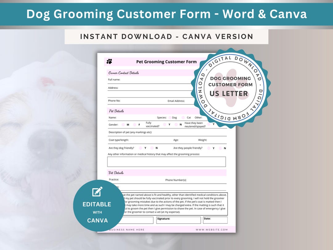 Pet Grooming Intake Form for Dog Groomer New Client Onboarding 1 Page ...
