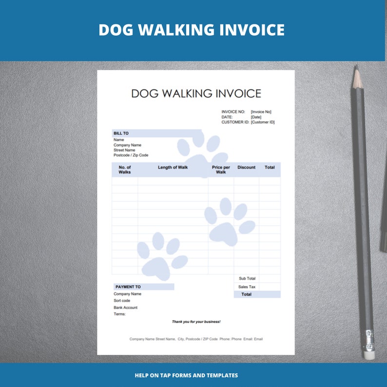 Dog Walking Invoice Template blue Excel Invoice Word Etsy UK