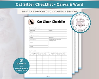 Cat Sitter Checklist Template: Editable Pet Care Instructions (PDF, Word, Canva)