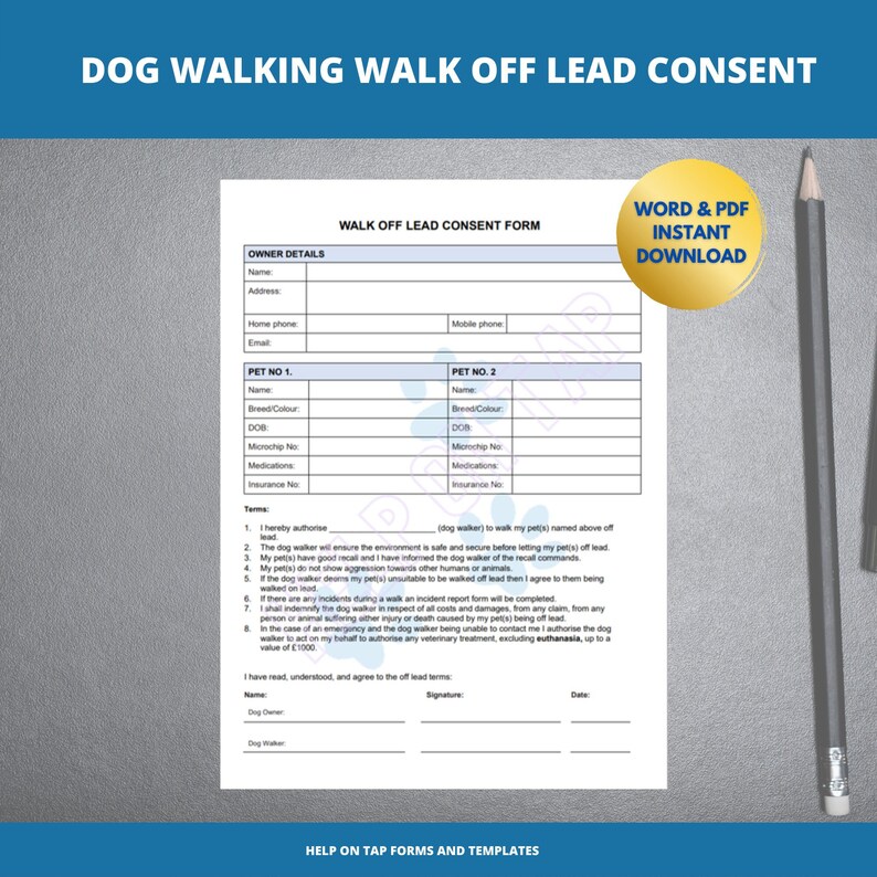 Dog Walking off Lead Consent Form UK Walk Dog off Lead Etsy