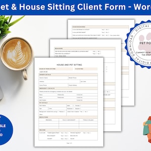 Puede incluir: Un formulario de cliente para el cuidado de mascotas y casas imprimible en formato de documento Word. El formulario incluye secciones para los datos del propietario, los contactos de emergencia, los detalles de la mascota, los medicamentos, el bienestar y las reglas de la casa. El formulario está disponible para descarga digital y es editable en Word.