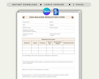 Dog Medication Administration Form Pet Dosage Record Sheet Dog Medicine Schedule Log Canine Treatment Administration Record Track Pet Care