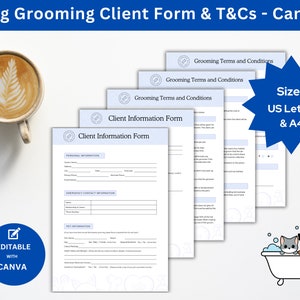 Dog Groom Client Form With Terms and Conditions For a Dog Grooming Salon or Mobile Dog Groomer Customizable In Canva For Pet Grooming Needs