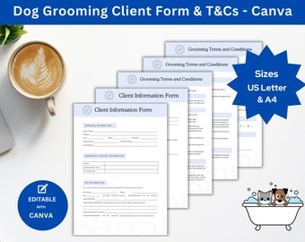 Dog Groom Client Form With Terms and Conditions For a Dog Grooming Salon or Mobile Dog Groomer Customizable In Canva For Pet Grooming Needs