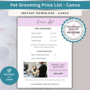 Listino prezzi per toelettatura semplice per cani Listino prezzi per toelettatura per animali Listino prezzi per toelettatura mobile Listino prezzi per saloni di toelettatura per animali Listino prezzi per toelettatura Canva modificabile