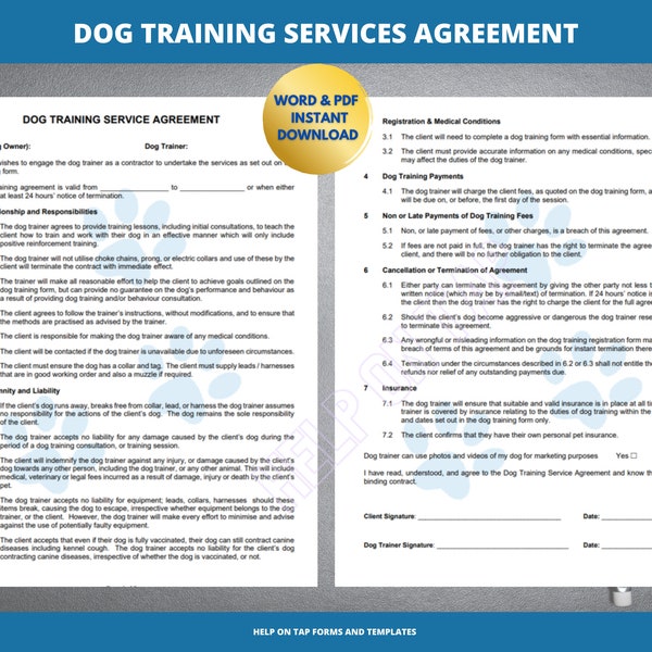 Dog Training Service Agreement (Blue & Plain) | Dog Training Contract | Dog Training Services Agreement Template | Dog Training Agreement