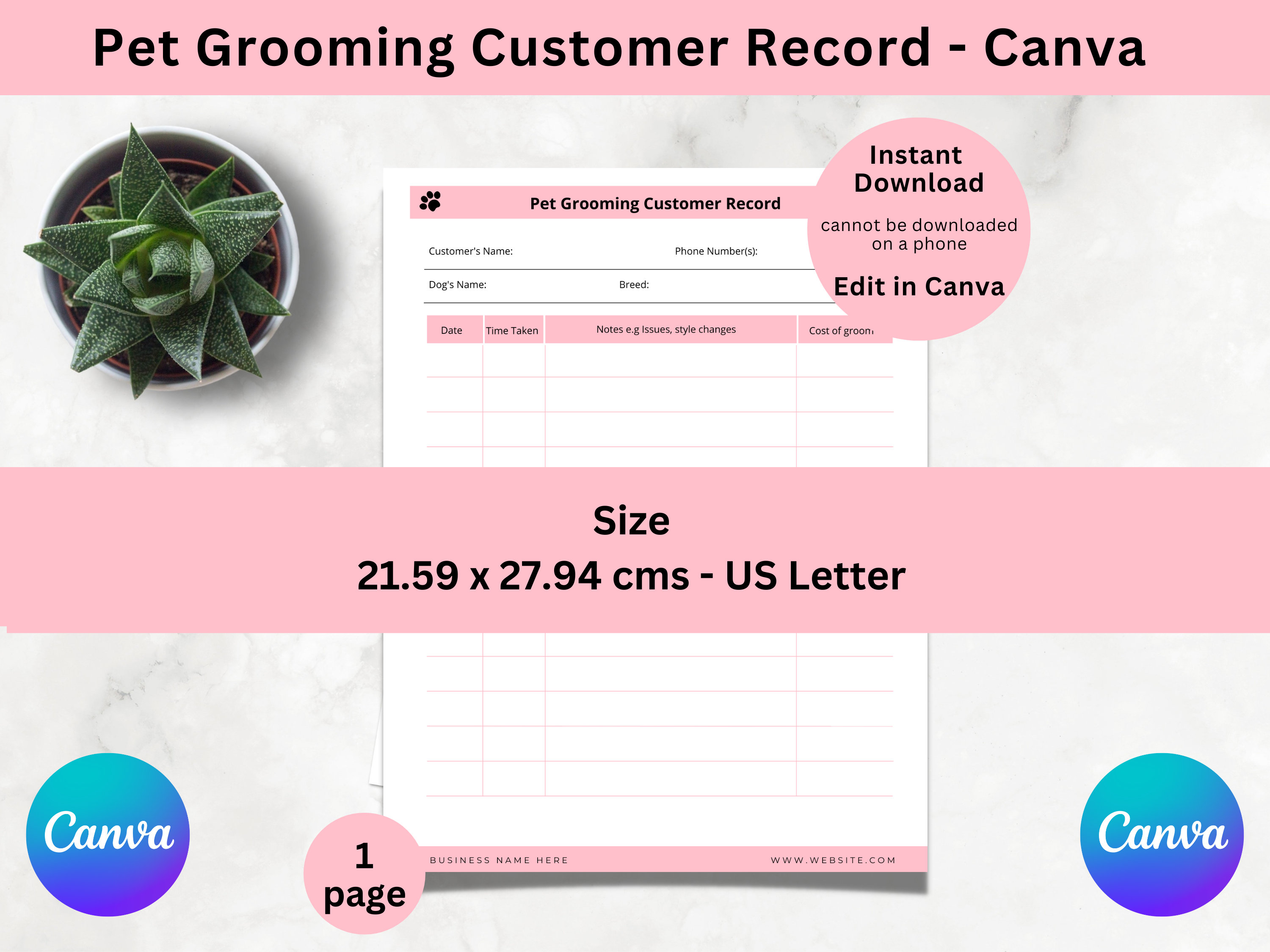 Dog Groom Form pink Canva Dog Grooming Record Card Template Pet ...