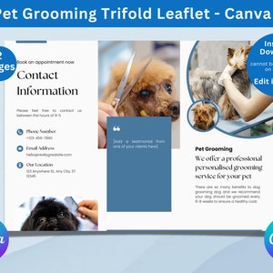 Broszura Trifold Pet Grooming | Ulotka Trifold Dog Grooming | Mobilna ulotka Dog Grooming | Pomysły marketingowe dla Dog Grooming | Dog Groomer