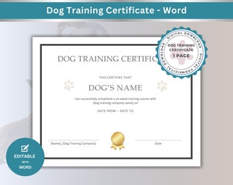 Dog Training Certificate Template: Editable Course Completion Form (Word & PDF)