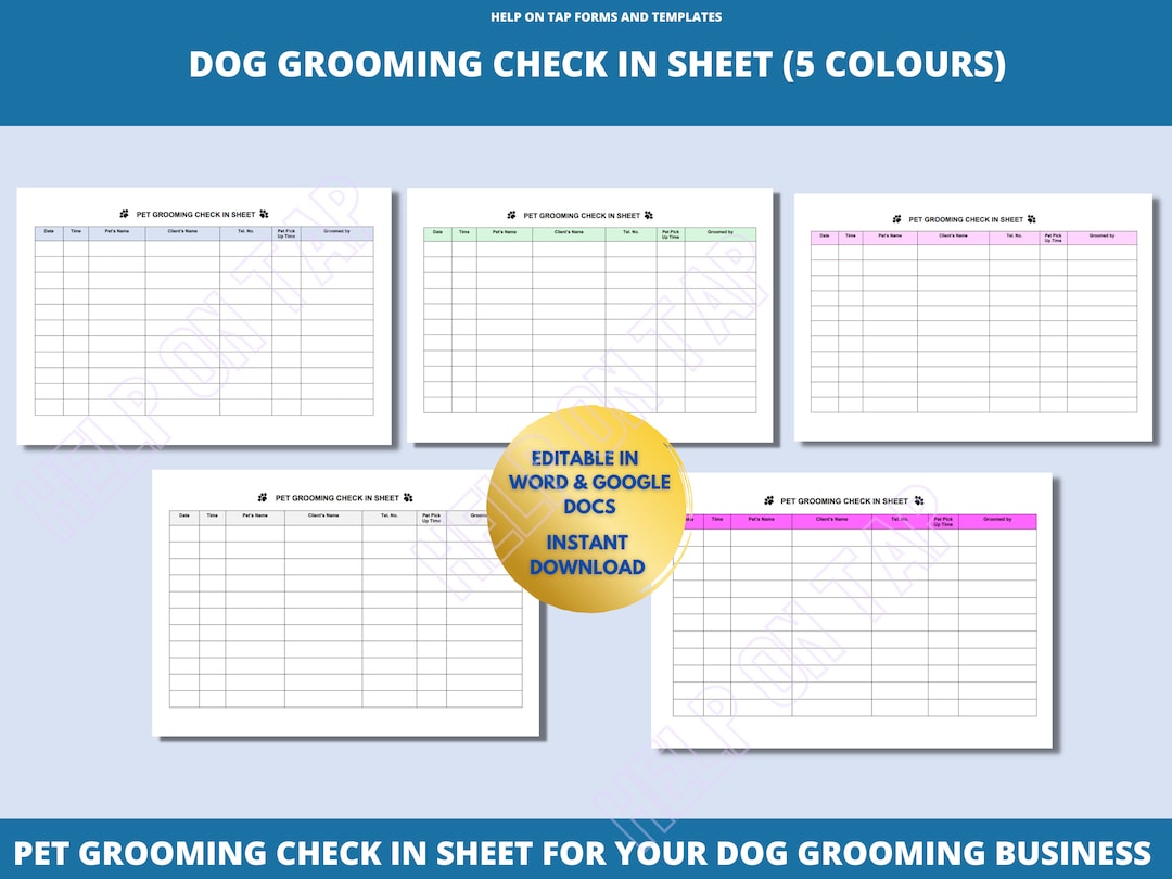 Pet Grooming Check in Sheet Word & Google Docs Dog Grooming Check Sheet