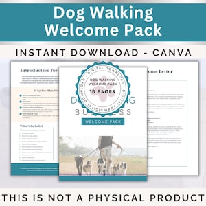 Könnte beinhalten: Ein digitaler Download mit dem Titel "Dog Walking Welcome Pack" mit dem Text "Sofort-Download - Canva". Das Bild enthält Dokumente mit Text und ein rundes Abzeichen mit der Aufschrift "Dog Walking Welcome Pack, 18 Seiten". Die Worte "Digitaler Download" sind ebenfalls sichtbar.