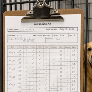 Dog Boarding Form Checklist Kennel Card Document Template Pet Daily Log Printable Cage Record Keeping Info Sheet Check In Feeding Tracker