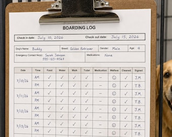 Dog Boarding Form Checklist Kennel Card Document Template Pet Daily Log Printable Cage Record Keeping Info Sheet Check In Feeding Tracker
