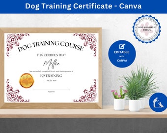 Dog Training Certificate for a Dog Training Course or Puppy Training Course Fancy Easy to Edit Dog Training Graduation Certificate Template