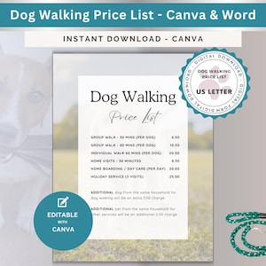Modelo de lista de preços para passear com cães, planilha de preços para passear com cães, guia de preços para serviços de pet sitting, folheto editável para cuidados com animais de estimação no Canva, download instantâneo