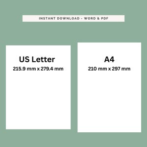 May include: Two white rectangular paper templates on a sage green background. The left template is labeled US Letter with dimensions 215.9 mm x 279.4 mm. The right template is labeled A4 with dimensions 210 mm x 297 mm. Text reads INSTANT DOWNLOAD - WORD & PDF.