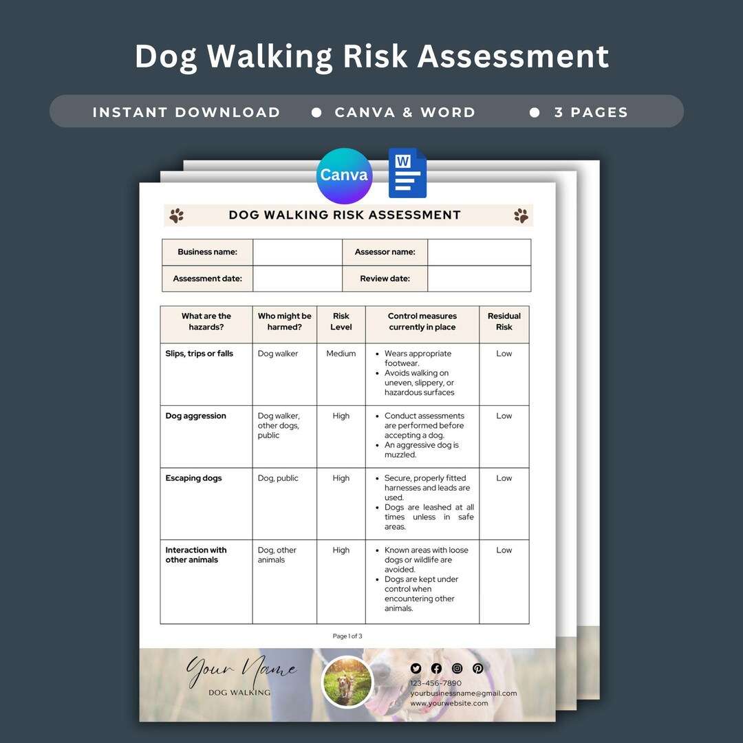 Walk Risk Assessment Dog Walking Risk Assessment Template Pet Walking Hazard Evaluation Form ...