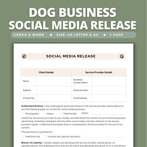 Könnte beinhalten: Ein einseitiges Formular für eine Social-Media-Freigabe für Hundegeschäfte in Weiß mit schwarzem Text. Das Dokument enthält Abschnitte für Kunden- und Dienstleisterdaten, autorisierte Aktionen und einen Haftungsausschluss, verziert mit kleinen Pfotenabdruck-Symbolen.
