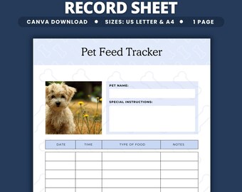 May include: A digital pet feeding record sheet template featuring the text Pet Feeding Record Sheet, Pet Feed Tracker, Pet Name, and Special Instructions. The layout includes a photograph of a small light-colored puppy and a table for date, time, food type, and notes.