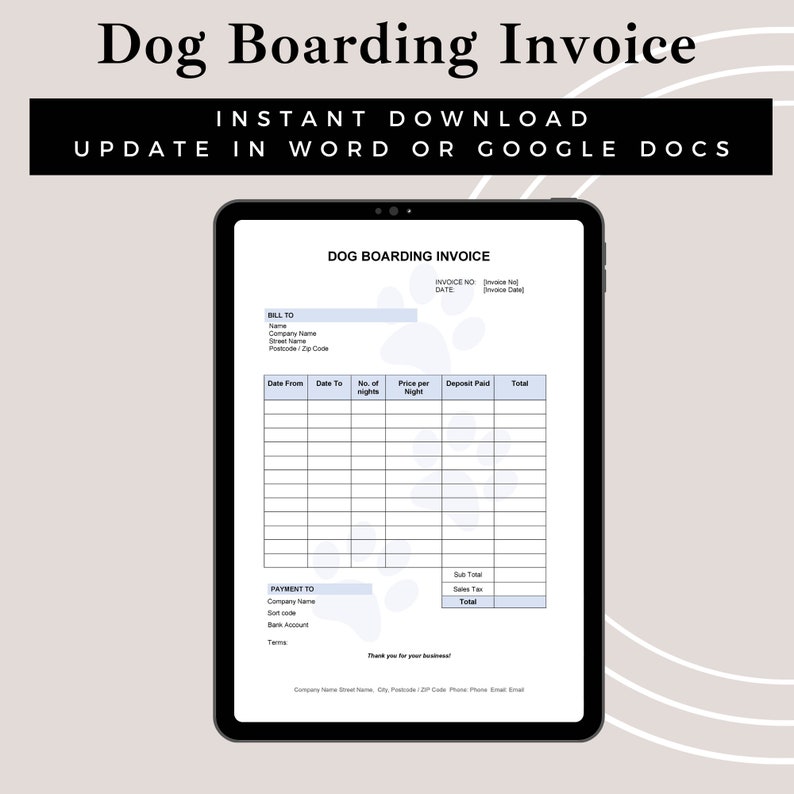 Dog Boarding Invoice Template blue Word Editable Invoice PDF Printable Dog Boarding Invoice Template blue Word Editable Invoice PDF Printable