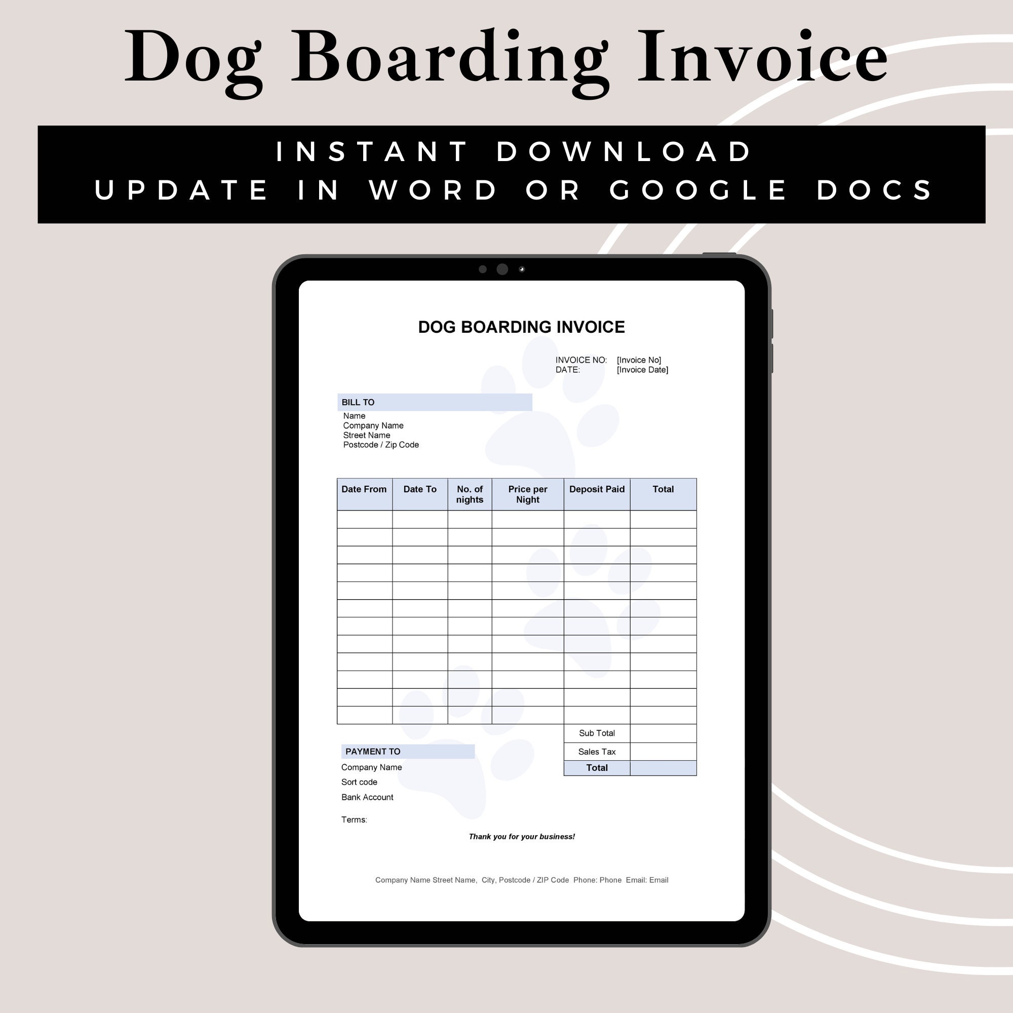 Dog Boarding Invoice Template blue Word Editable Invoice PDF Printable ...