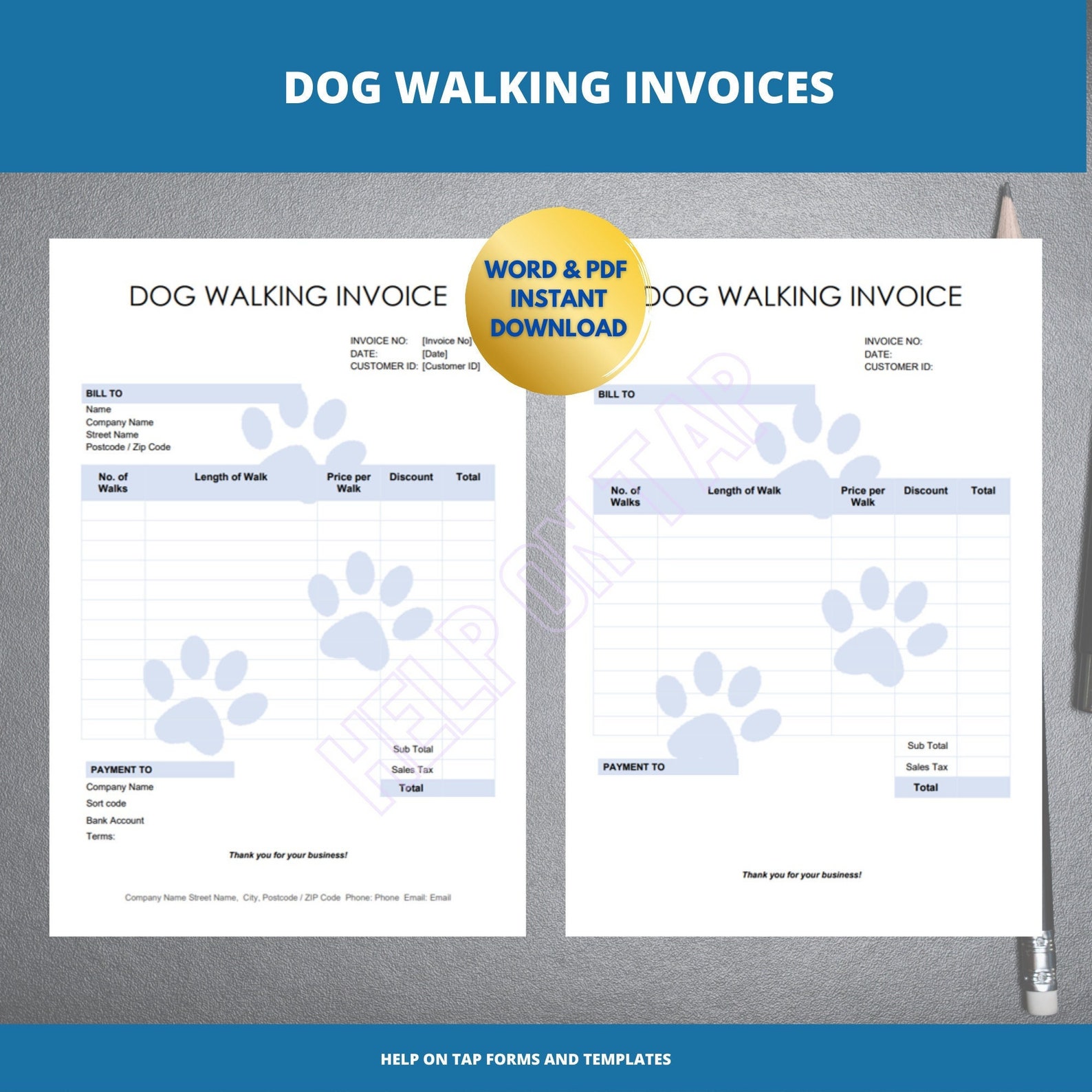 Dog Walking Invoice Template Blue Excel Invoice Word Etsy New Zealand