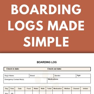 May include: A printable dog boarding log template featuring sections for check-in and check-out dates, dog details, emergency contacts, and medications. The document includes a grid for tracking daily food, water, walks, and cleaning tasks.