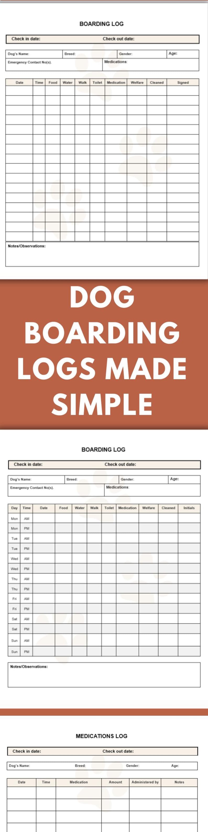 May include: A printable dog boarding log template featuring sections for check-in and check-out dates, dog details, emergency contacts, and medications. The document includes a grid for tracking daily food, water, walks, and cleaning tasks.