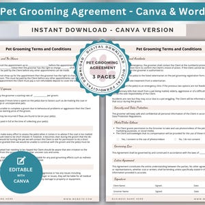 Modelo de contrato de tosa de cães Contrato de serviço de tosa de animais de estimação Termos e condições editáveis para tosa de cães Download instantâneo Formulário de consentimento Word Canva