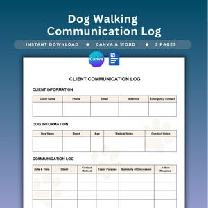 Könnte beinhalten: Eine Vorlage für ein Hundespaziergang-Kommunikationsprotokoll mit Abschnitten für Kundeninformationen, Hundeinformationen und ein Kommunikationsprotokoll mit Spalten für Datum, Uhrzeit, Kundenname, Kontaktmethode, Thema und Gesprächszusammenfassung.