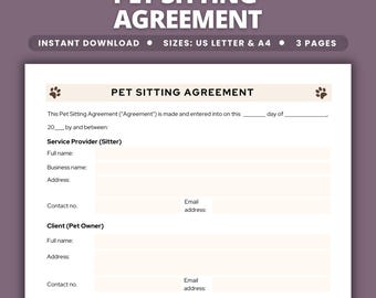May include: A three-page pet sitting agreement document template with a beige header featuring paw prints. The text includes fields for service provider and client details, contact information, and payment terms, available in US Letter and A4 sizes.