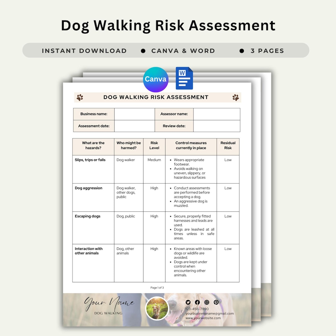 Dog Walking Risk Assessment Template Pet Walking Hazard Evaluation Form ...