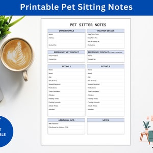 Pet Sitting Notes | Notes for Pet Sitter | Minding Pet Notes | Pet Services Form | Printable for Dog Sitter | Printable for Cat Sitter