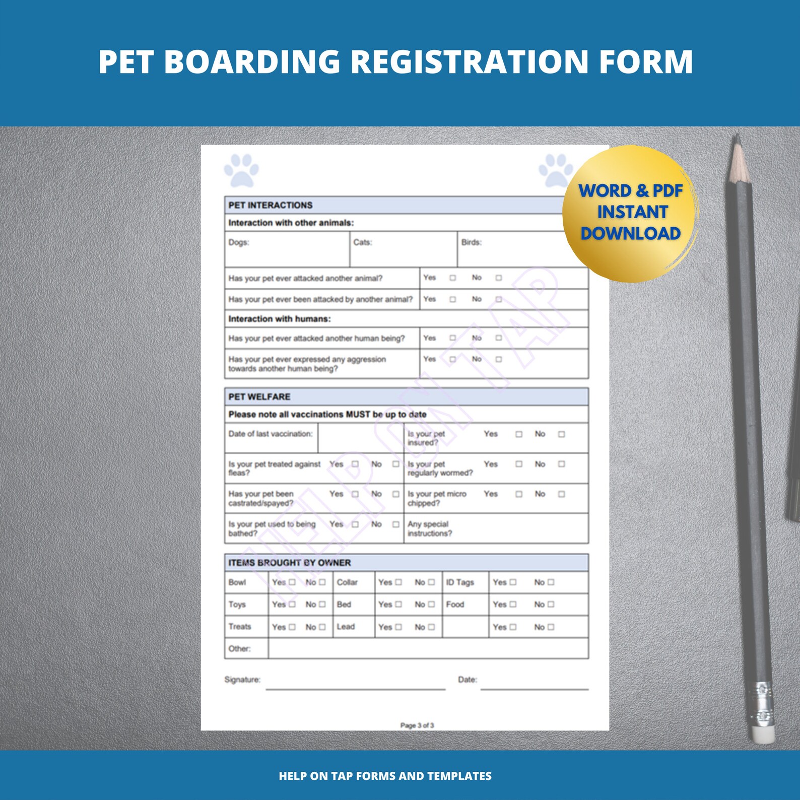 Printable Pet Home Boarding Registration Form Blue Boarders Etsy UK