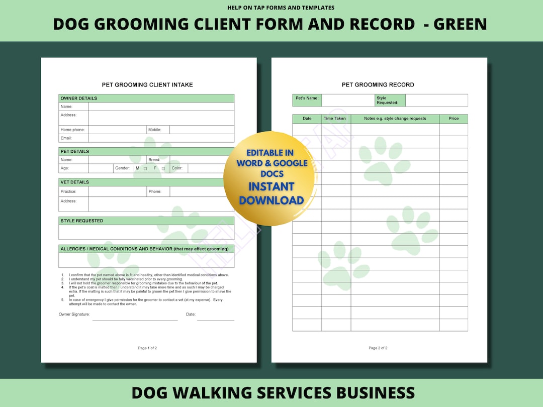 Dog Grooming Form green Mobile Dog Grooming Template Dog Grooming Business Forms Dog Groom